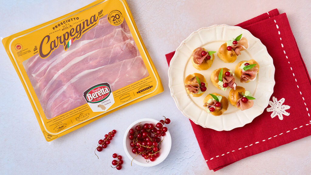 Bignè con crema di carciofi e Prosciutto di Carpegna DOP