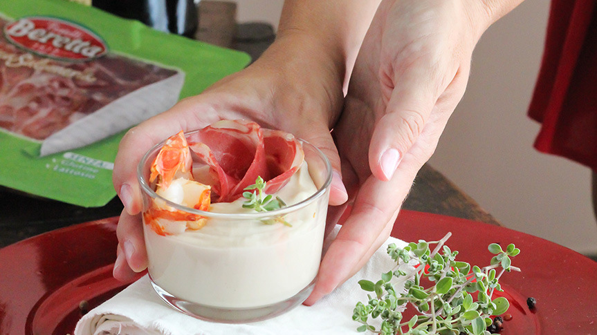 CREMA DI CANNELLINI CON GAMBERI E COPPA BERETTA