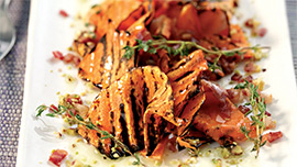 Zucca grigliata con pancetta e pistacchi