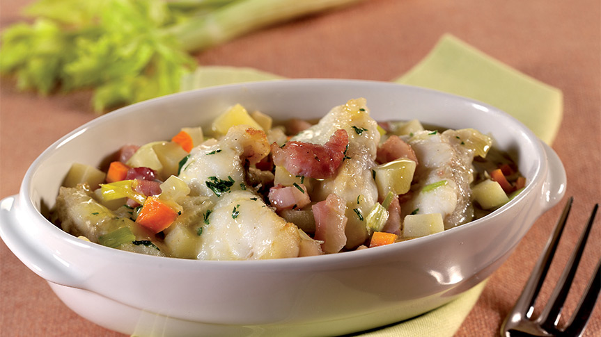 Pescatrice con verdurine e guanciale