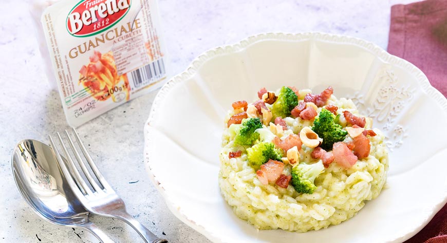 Risotto alla crema di broccoli e guanciale croccante