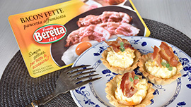 Cestini di frolla salata con mimosa di uova e bacon Beretta