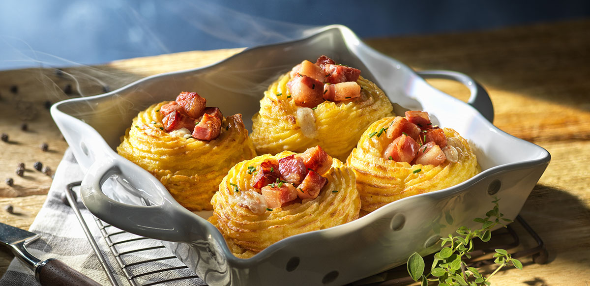 CESTINI DI PATATE CON PANCETTA AFFUMICATA A CUBETTI BERETTA E SCAMORZA